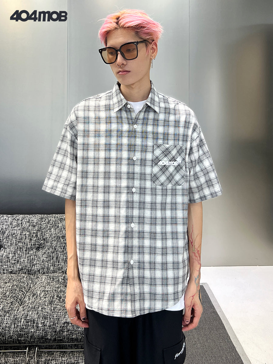 404MOB pure cotton black and white plaid short-sleeved shirt