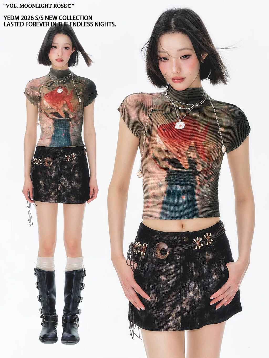 YEDM Goldfish Print Short Pleated Short Tee