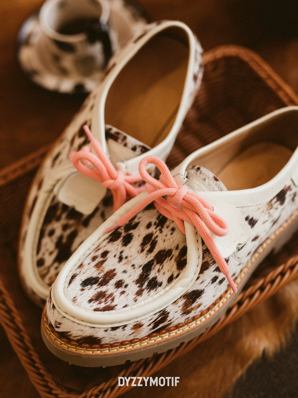 DYZZYMOTIF Cow Print Hair-On Leather Lace-Up Boat Shoe