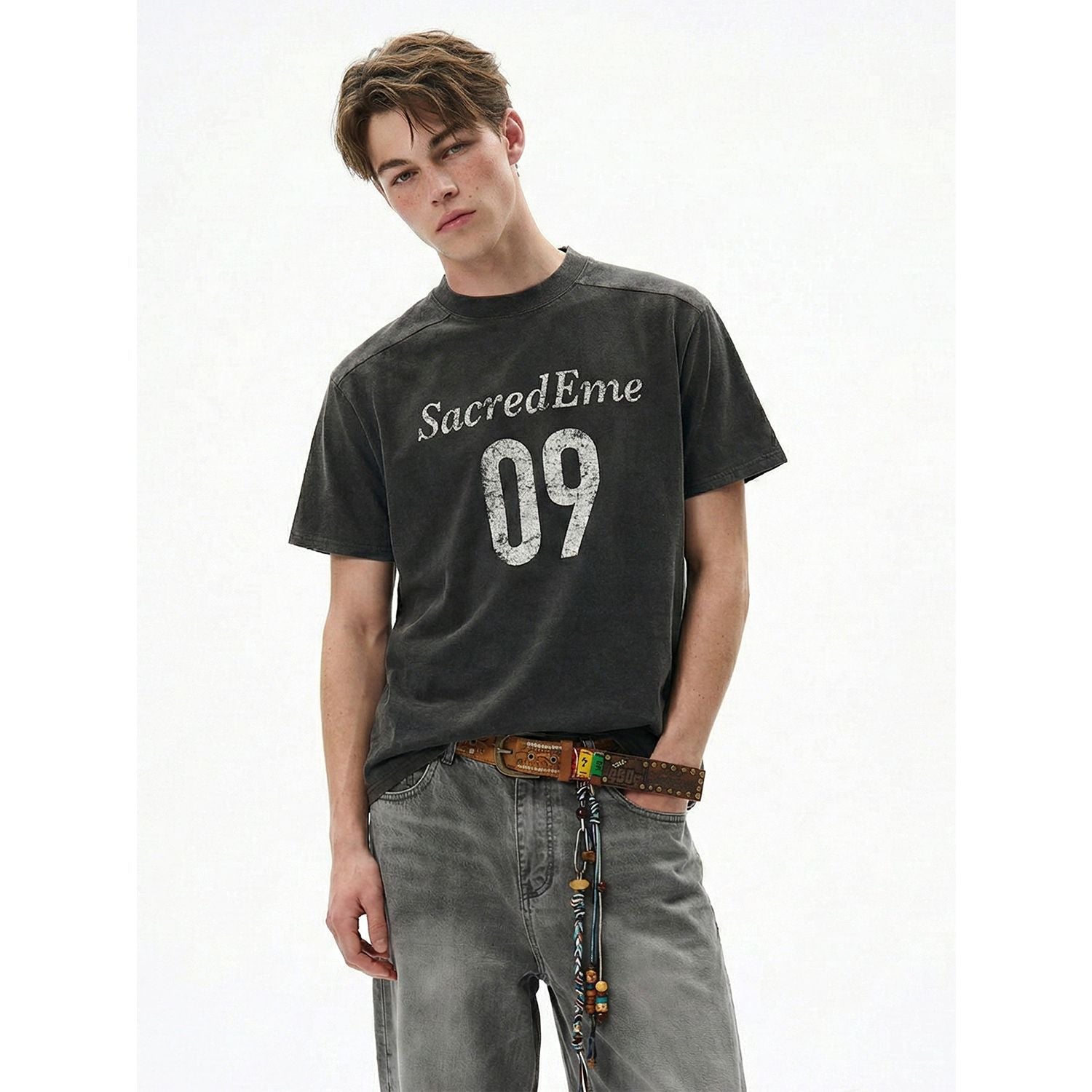 MADEEXTREME Vintage Crew Neck Front Shoulder Casual Tee