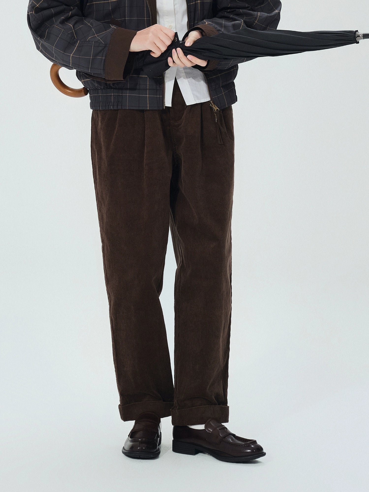 LIVINGTOWN Double-pleated Casual Loose-fitting Wide-leg Corduroy Capris