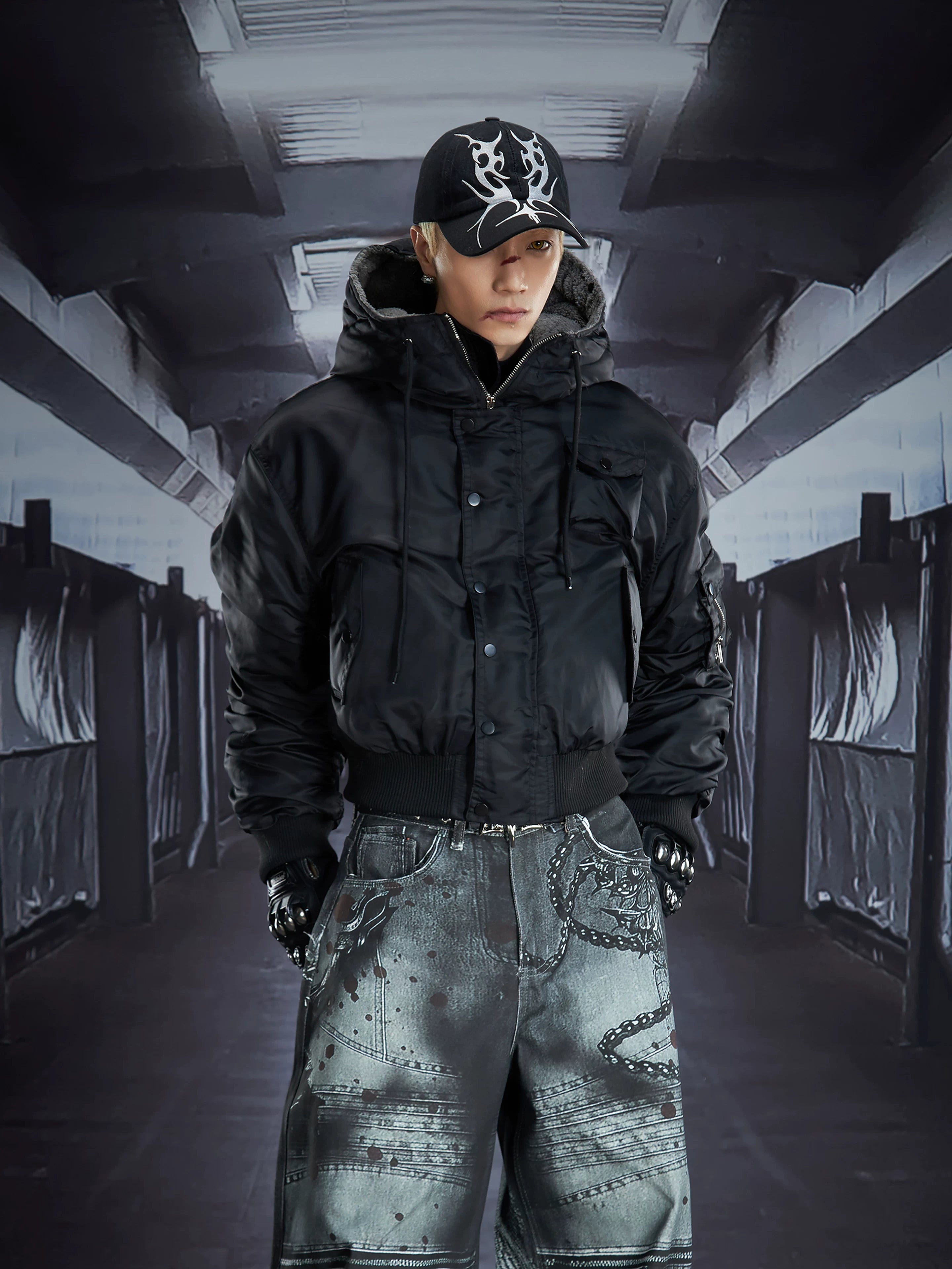 NOMANIAI Removable Fur Collar Nailed Hooded Embroidered Fleece Cotton Jacket