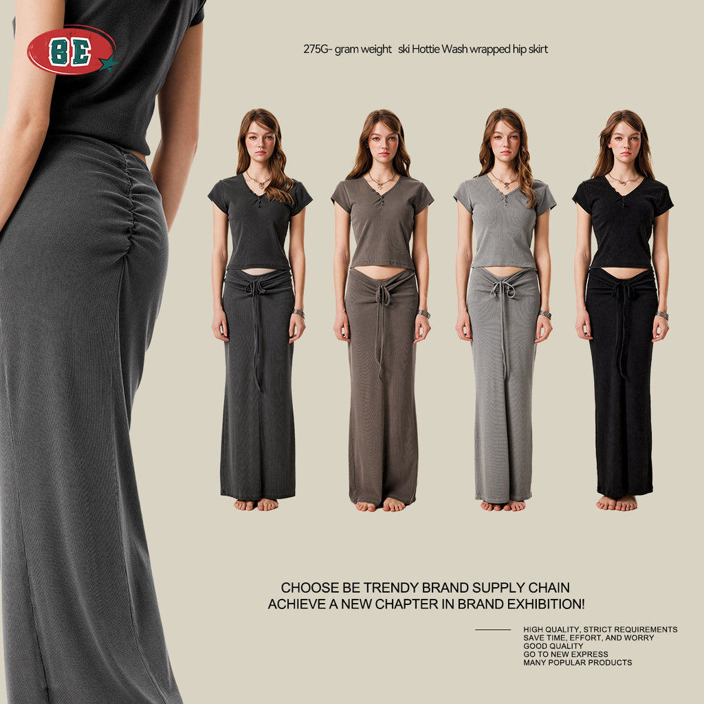 BE Women's Retro Maillard Slim Skirt Pleated Hip Skirt