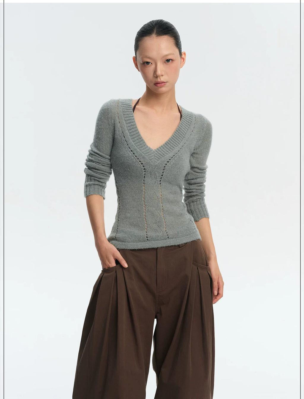 LINY LIBERTY Slim Fit V-neck Hollow Long Sleeve