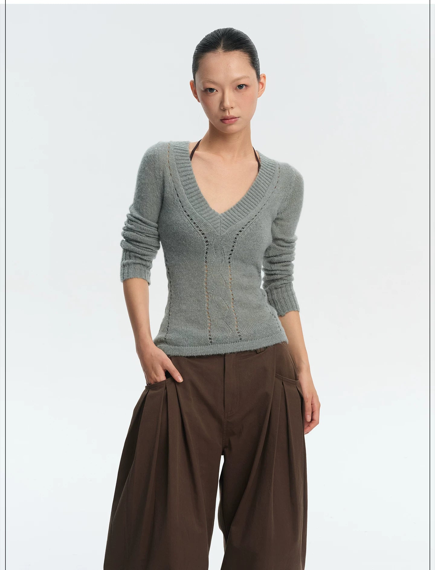 LINY LIBERTY Slim Fit V-neck Hollow Long Sleeve