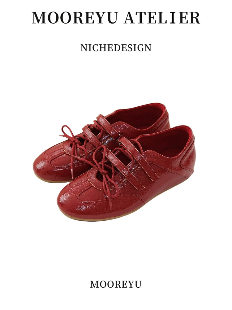 Mooreyu Leather Round Head Shallow Mouth Casual Mary Jane Shoes