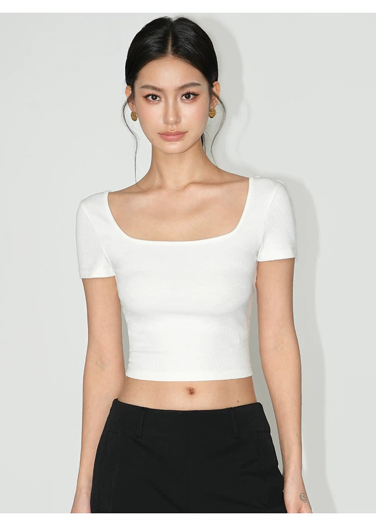 NEVA HU Square Collar Slim-fitting Versatile Short Button Tee