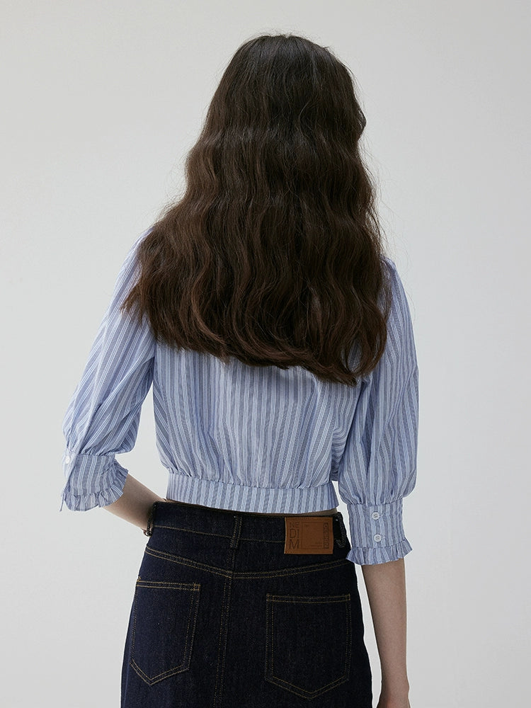 VOOE Short Doll Collar Striped Seven-quarter Sleeve Shirt