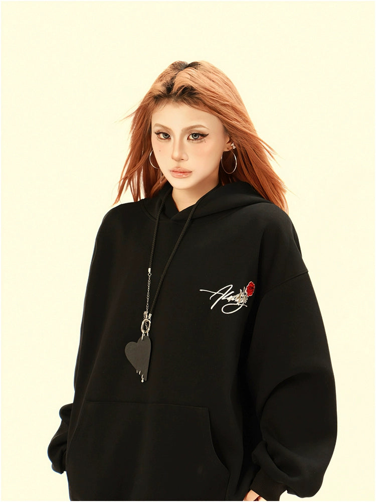 Kenvibe Vintage Embroidered Rose Letter Hooded Sweater