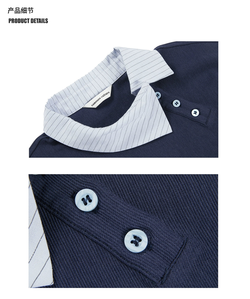 Sameuoo Casual Texture Slant Placket Polo Neck Long Sleeve