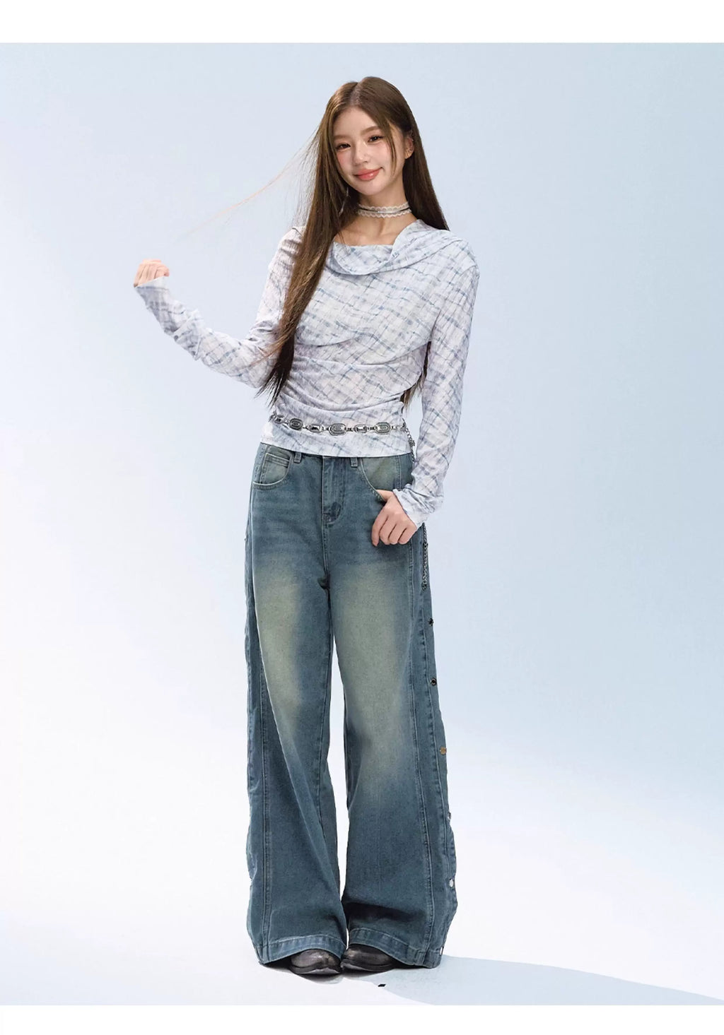 Ablueberry One-word Shoulder Plaid Long Sleeves