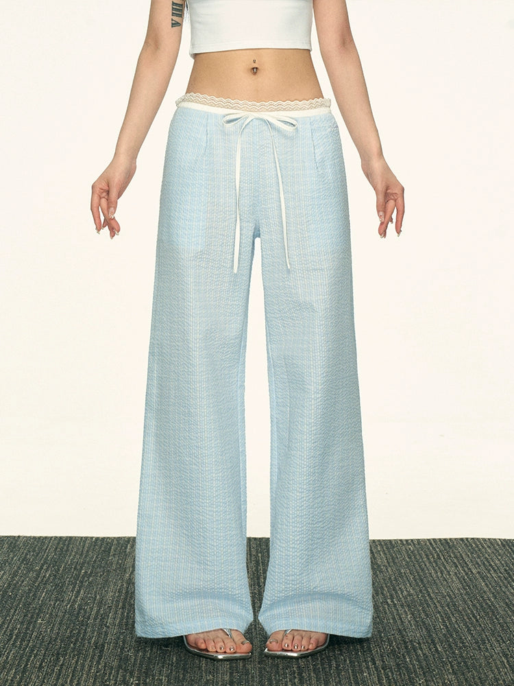 Aaisup Vintage Plaid Lace Spliced Bow Wide Leg Pants