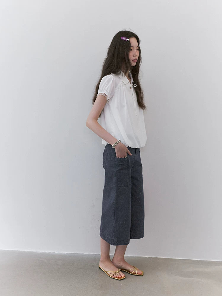 VOOE Lapel Strap Lace Shirt