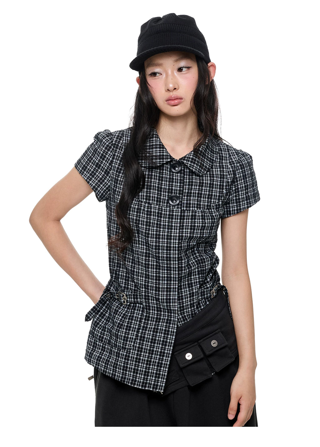 JIKOO Splicing Doll Collar Plaid Shirt Tee