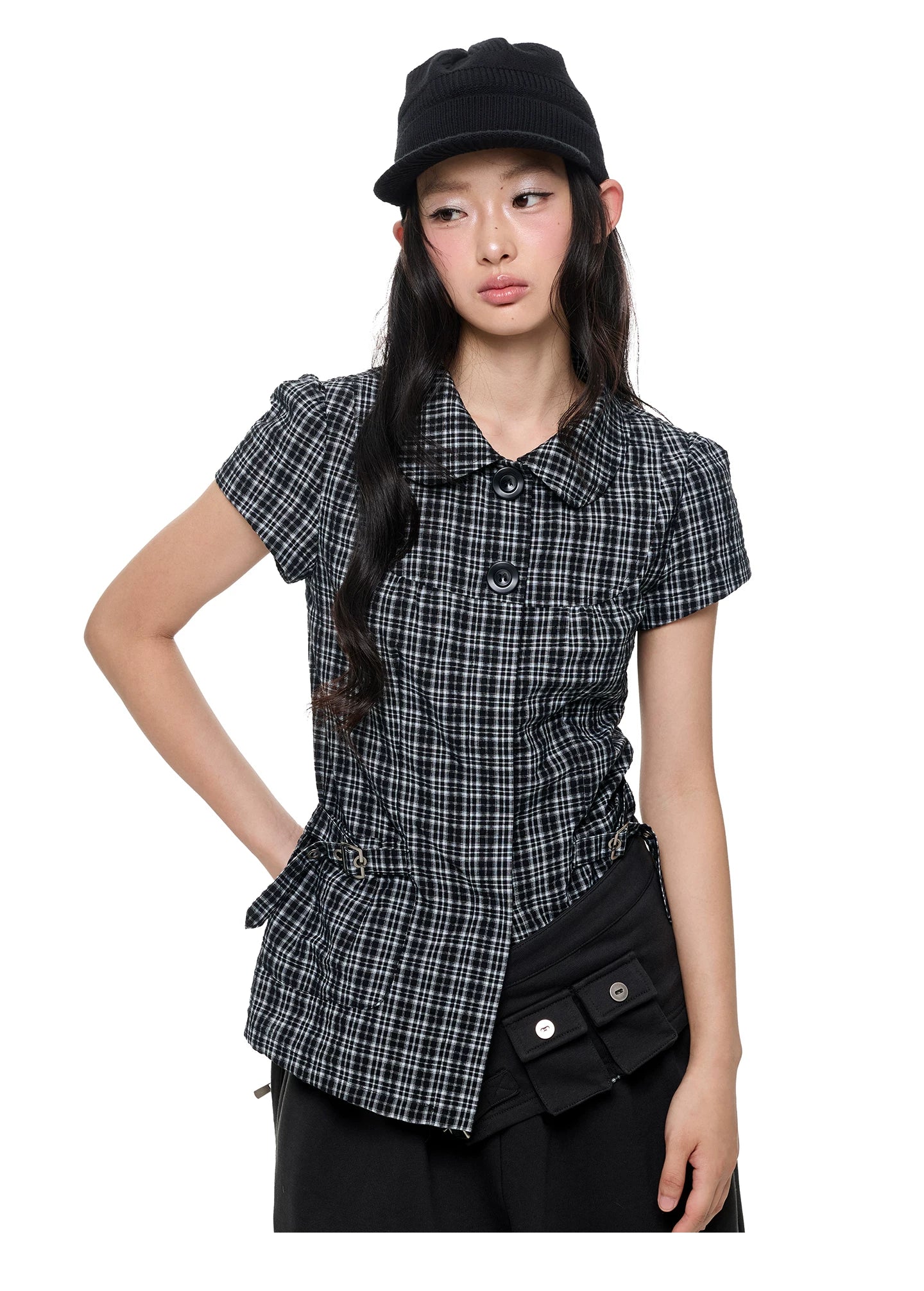 JIKOO Splicing Doll Collar Plaid Shirt Tee