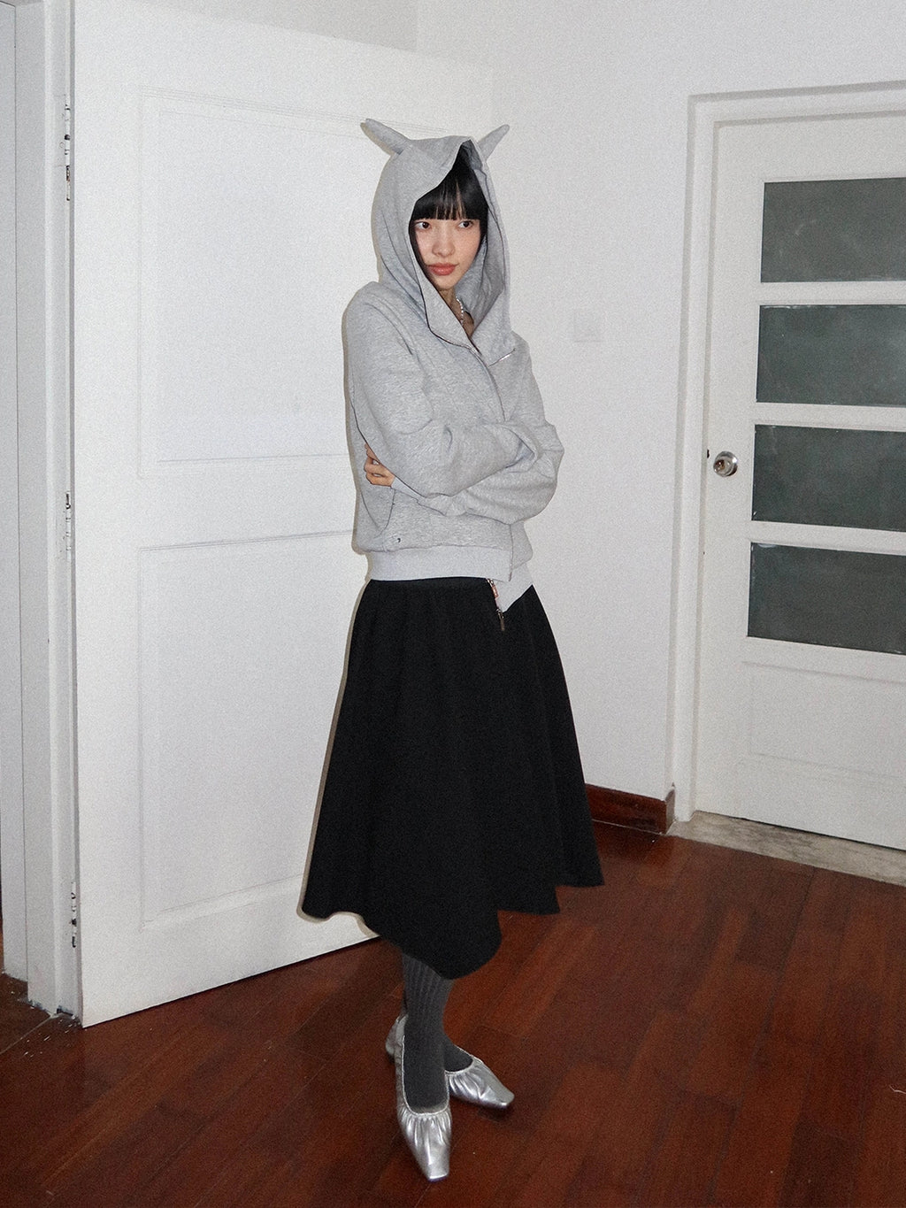 FUNKYFUN Short Stand-up Collar Devil Horn Hooded Cardigan Sweater