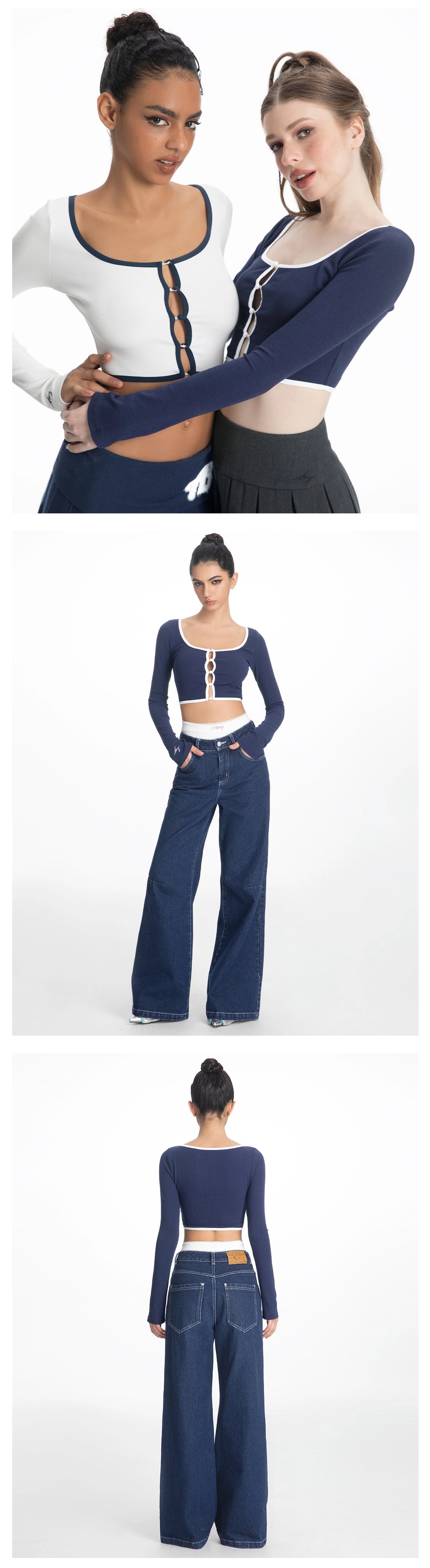 ABMY Square-neck Breasted Contrasting Hemming Cardigan