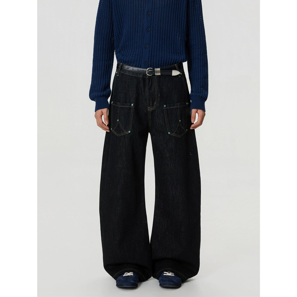 BTSG Vintage Stitching Turquoise Crash Nailed Jeans