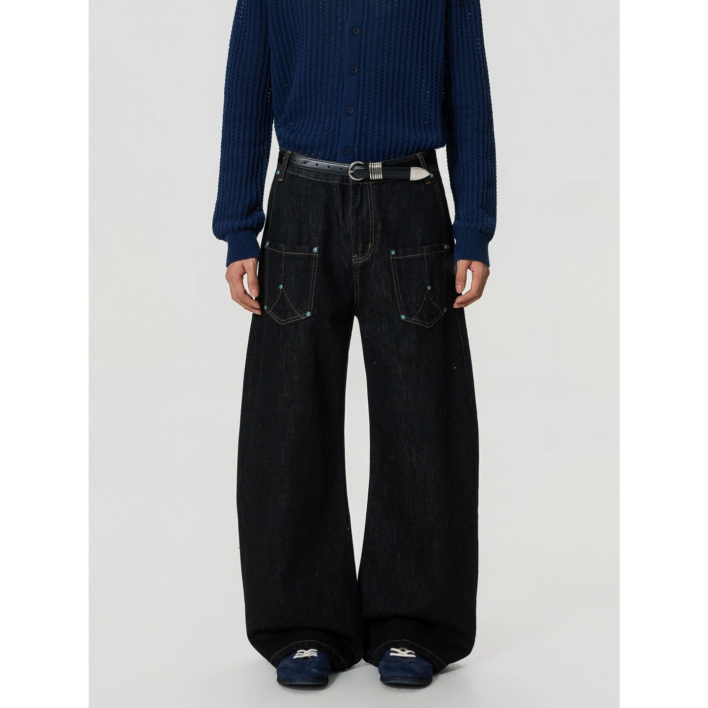 BTSG Vintage Stitching Turquoise Crash Nailed Jeans