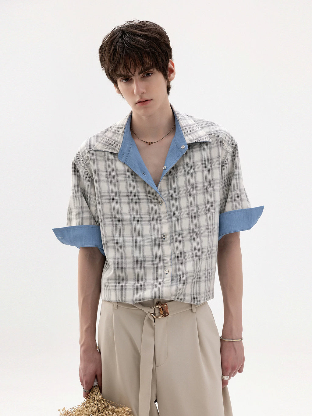 CHOR Ice Silk Denim Splicing Checked Roll Sleeve Shirt