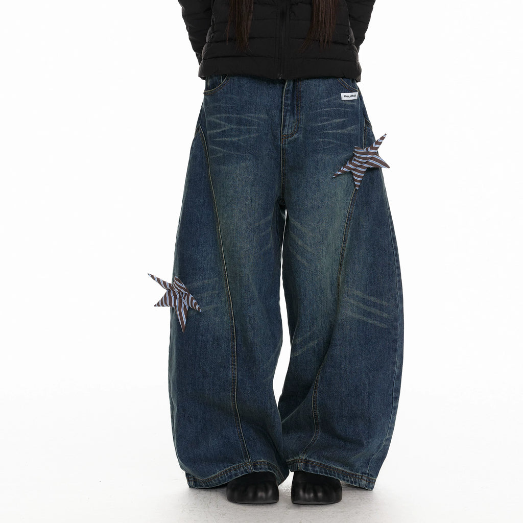 Jikoo Star Patch Straight Wide Leg Tooling Jeans