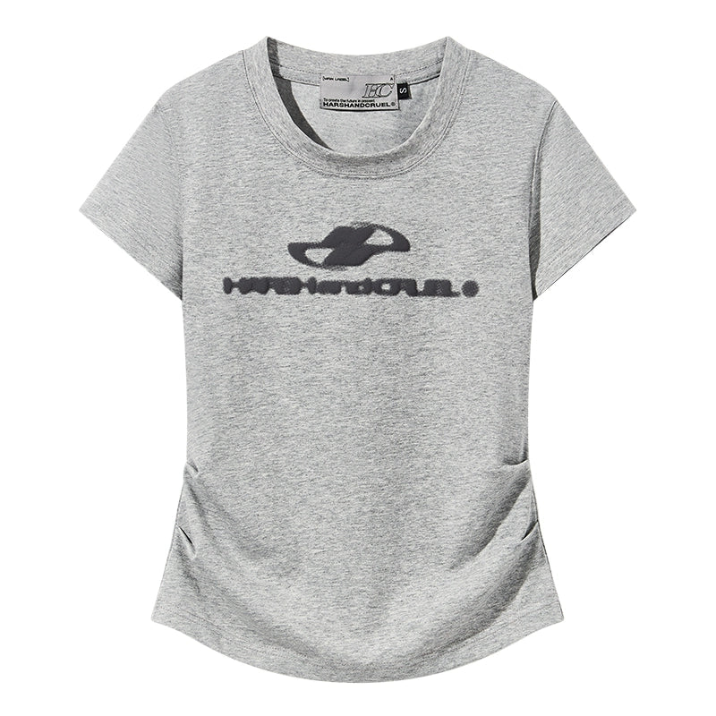 HACR Elastic Knitted Logo Front Shoulder Waist Tee