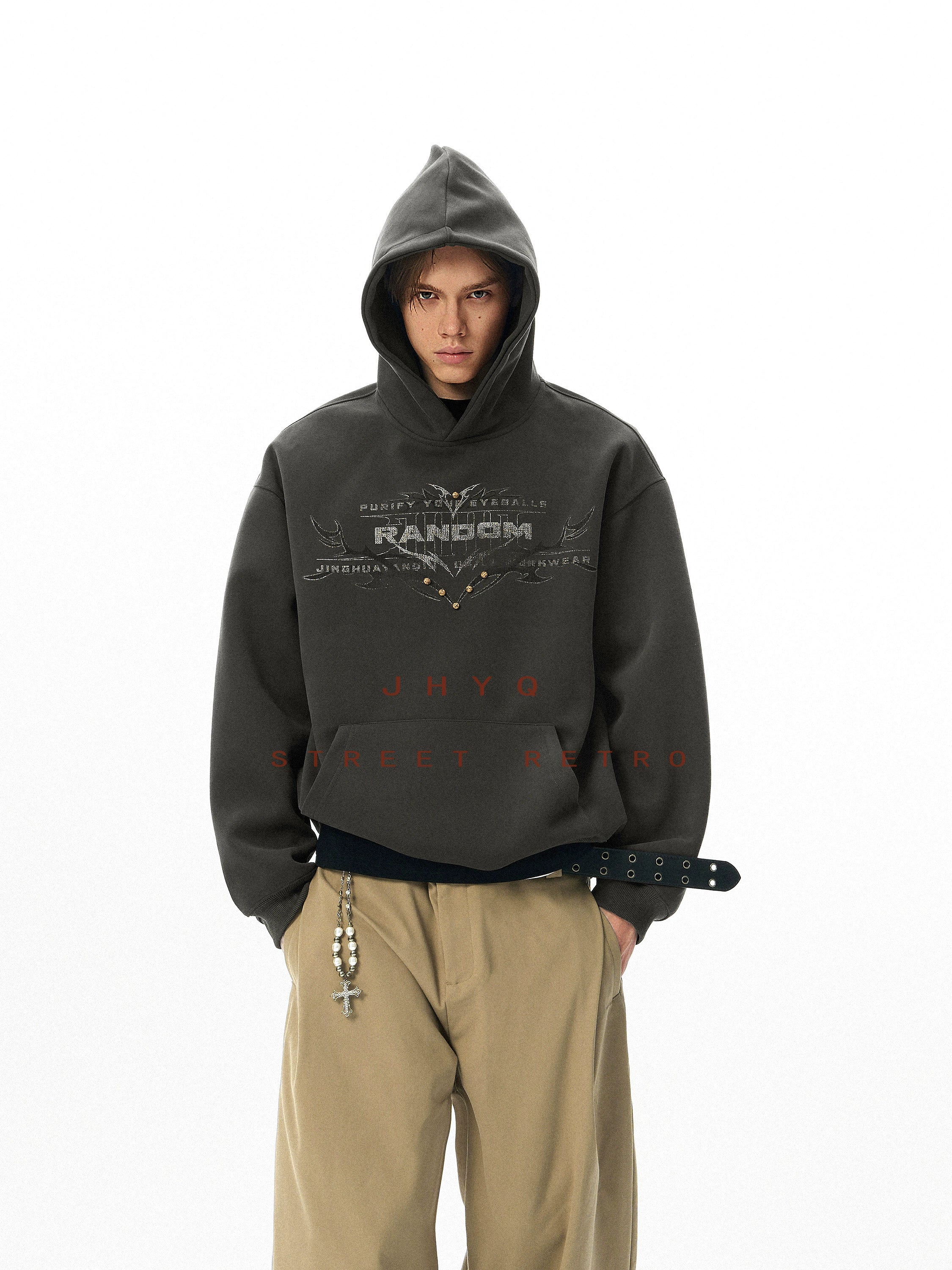 JHYQ Retro Rivet Letter Print Hooded Sweater