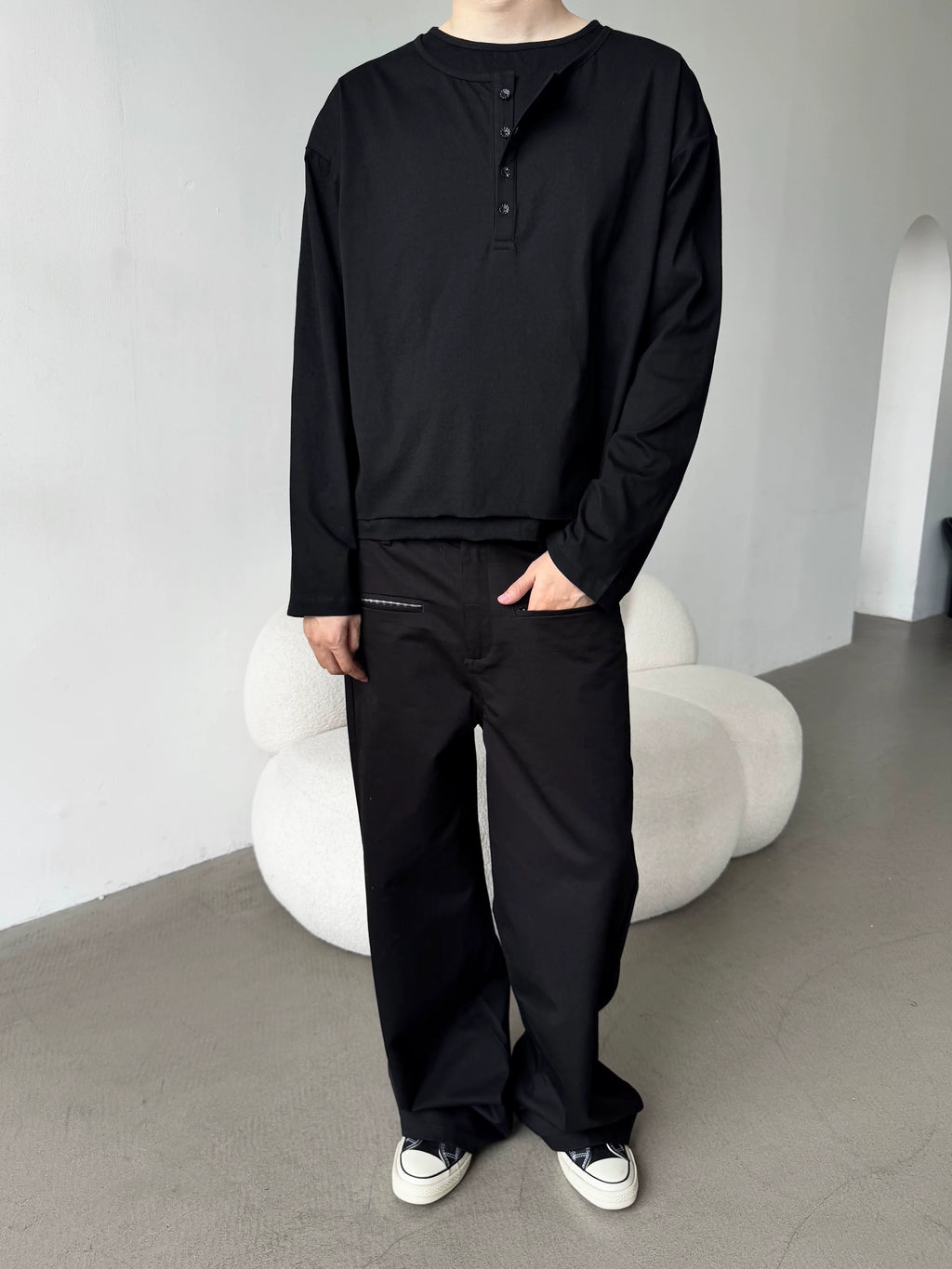 Erole Henry Double Neck Solid Color Long Sleeve T-Shirt