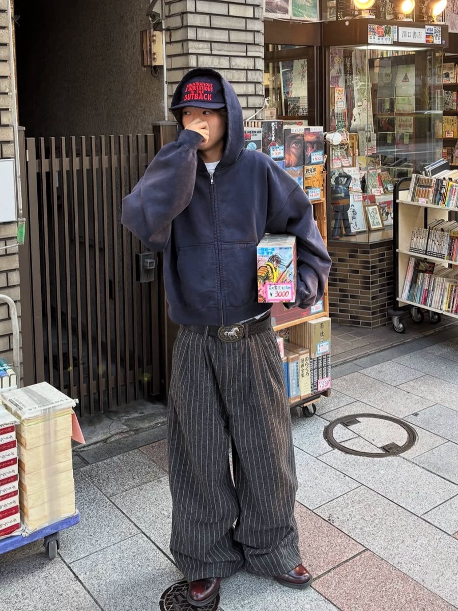 FTS Striped Thickened Wool Straight Loose Wide Leg Pants