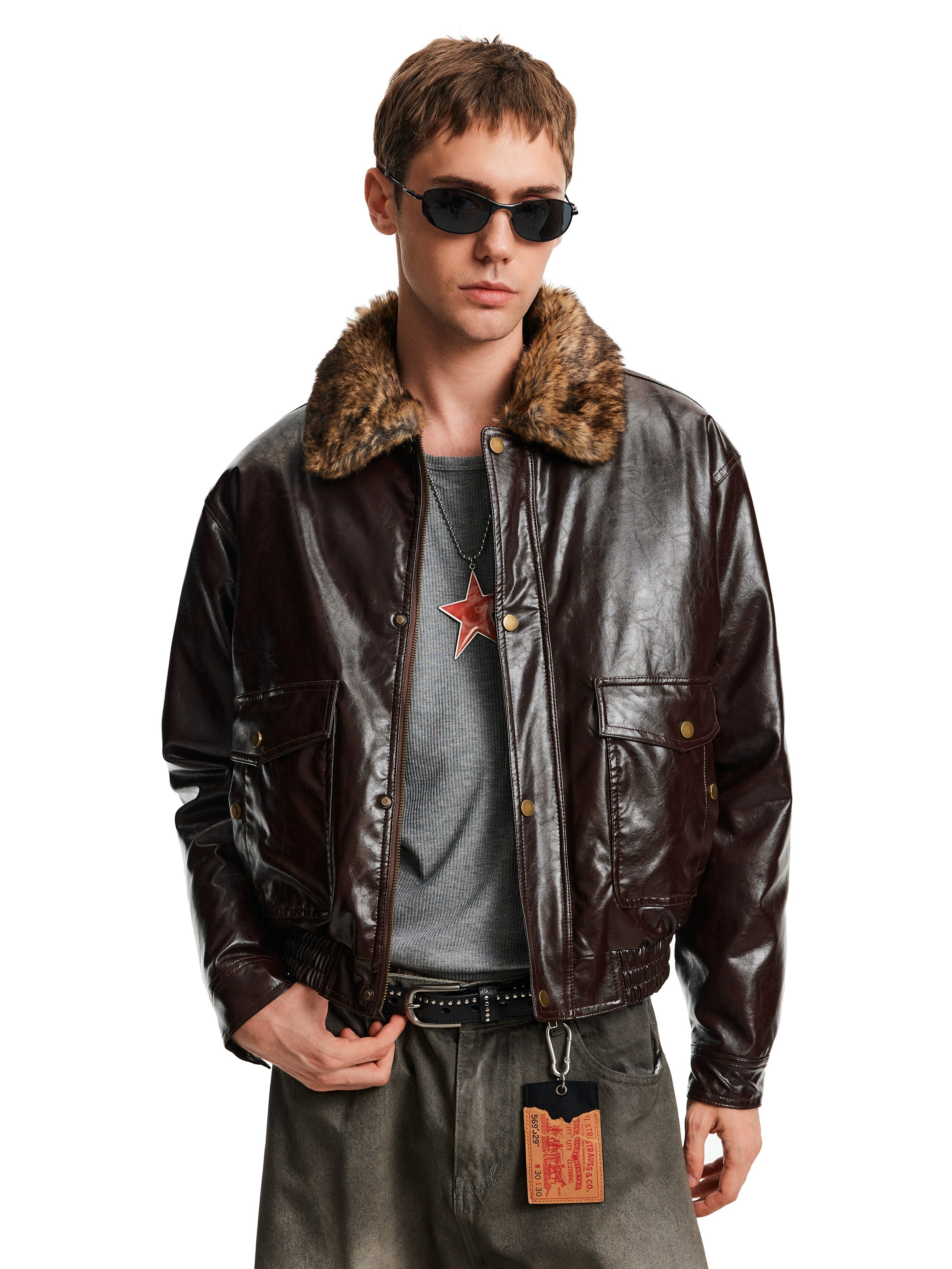 MADWITCH Retro Stitching Fur Collar PU Leather Jacket Cotton Jacket