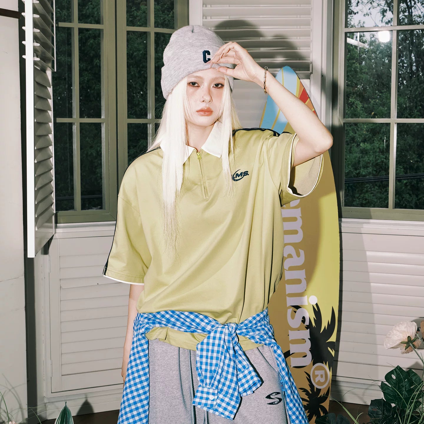 Lemanism Contrasting Sports POLO Collar Loose Tee