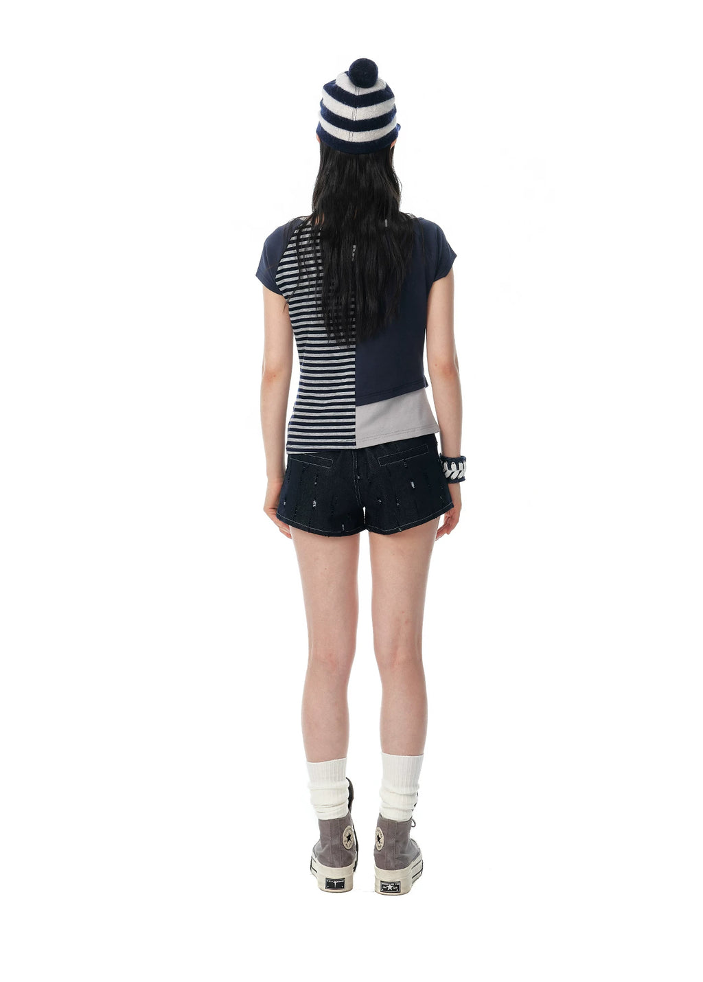 JIKOO Fake Two-piece Shoulder Sleeve Striped Tee