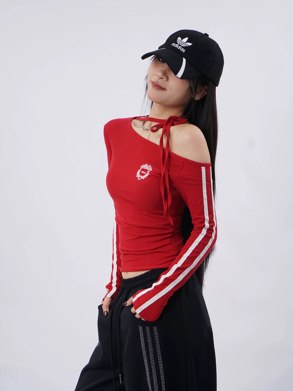 SAMUSAN Slanted Shoulder Striped Strap Long Sleeve