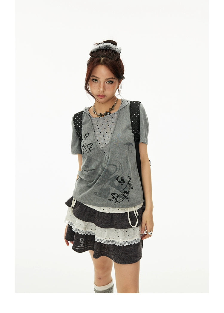 MOMSAYCAN Loose Polka Dot Fake Two-piece Hooded Short Sleeve