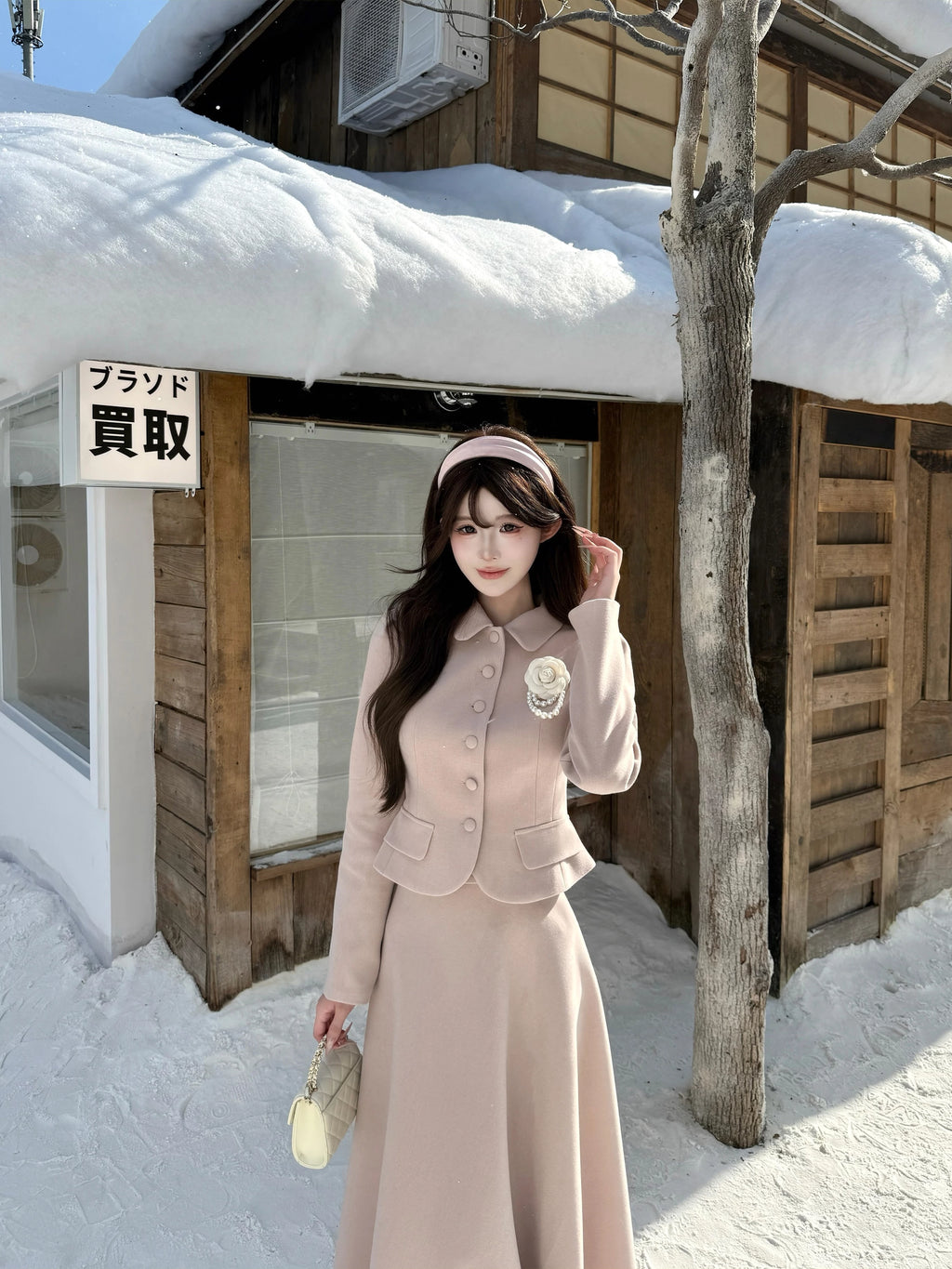 Barb Chill Woolen Doll Collar Slim Fit Short Jacket Long Skirt Set