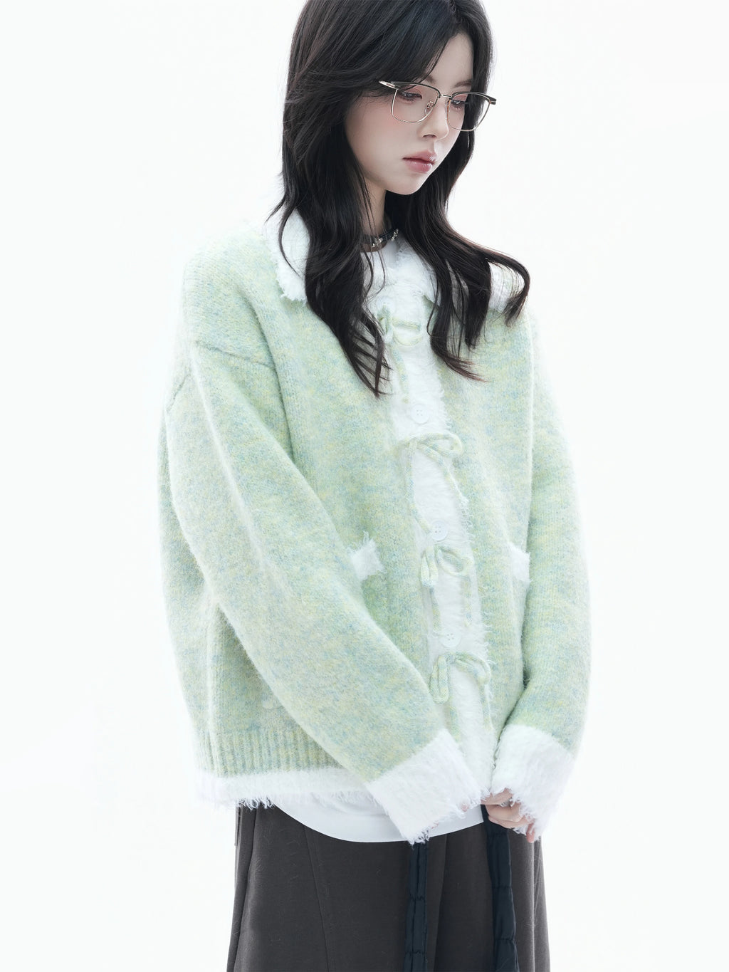 Zuocisankon Contrasting Bow Knitted Cardigan Sweater