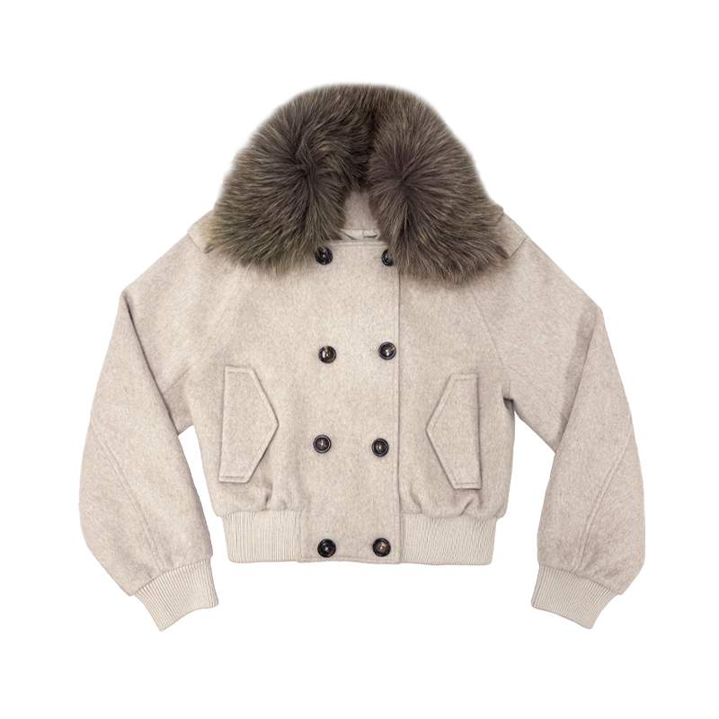 JCAESAR WOMEN Removable Fur Collar Double-breasted Short Woolen Coat