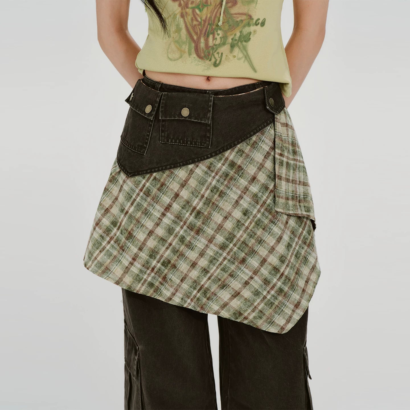 Girlyhalo Vintage Checked Fart Curtain Loose Wide Leg Pants