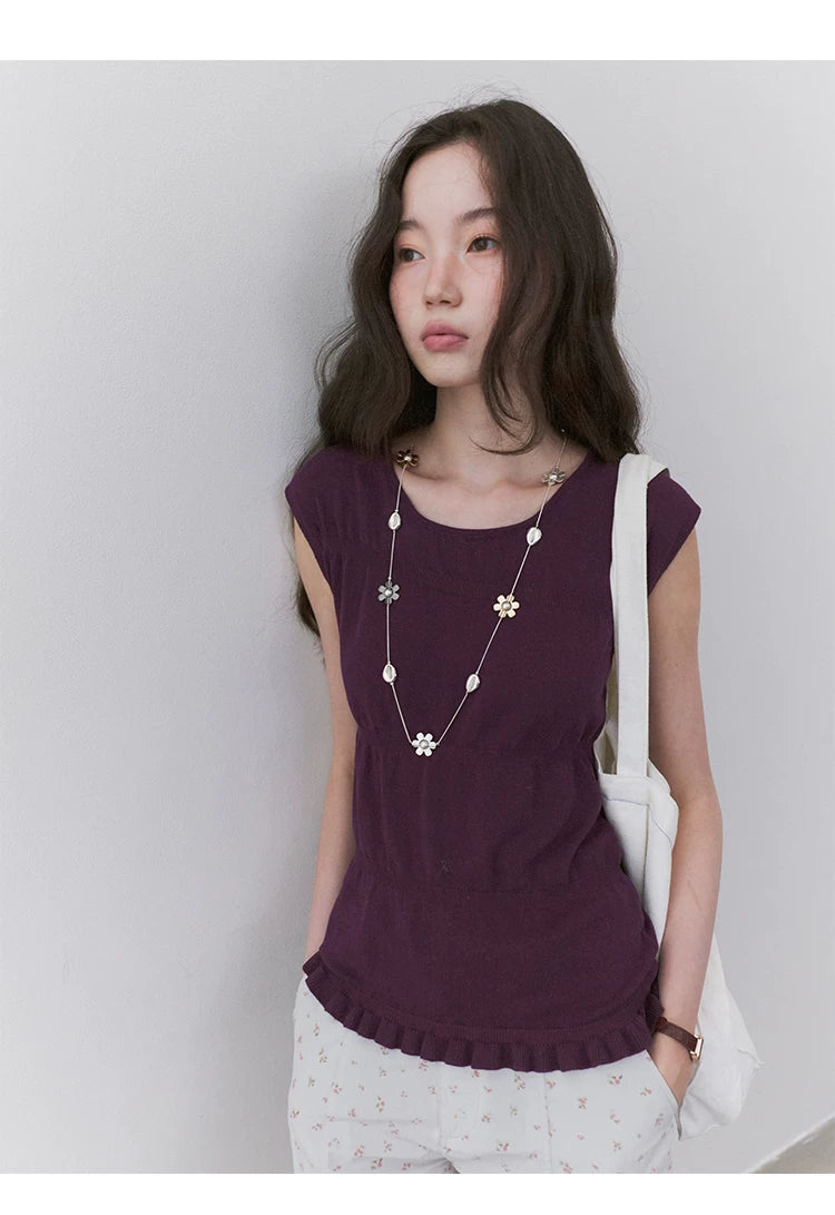 VOOE Round Neck Broken Pleated Knitted Slim and Thin Tee
