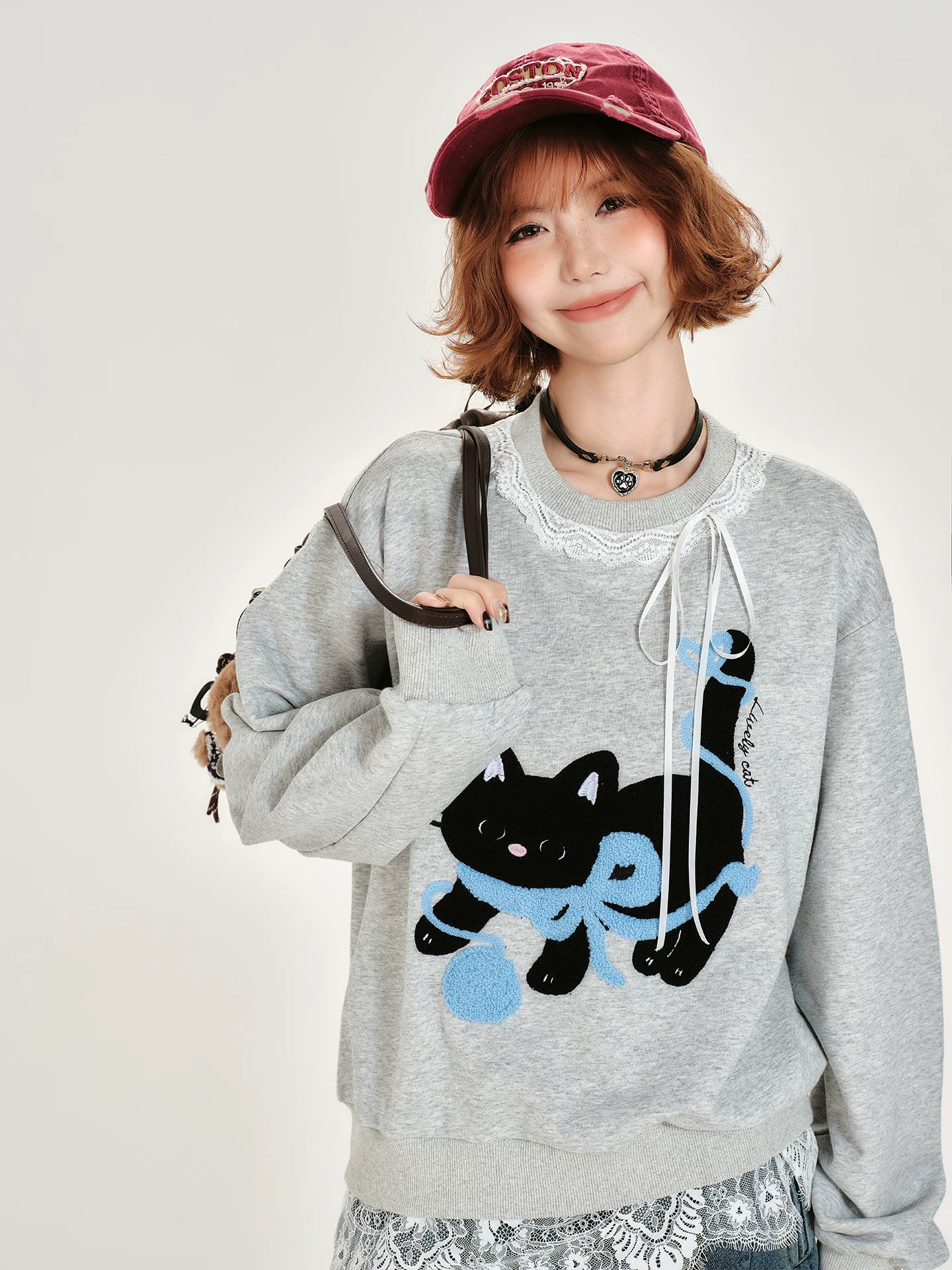 Girlyhalo Retro Hem Lace Pullover Round Neck Sweatshirt