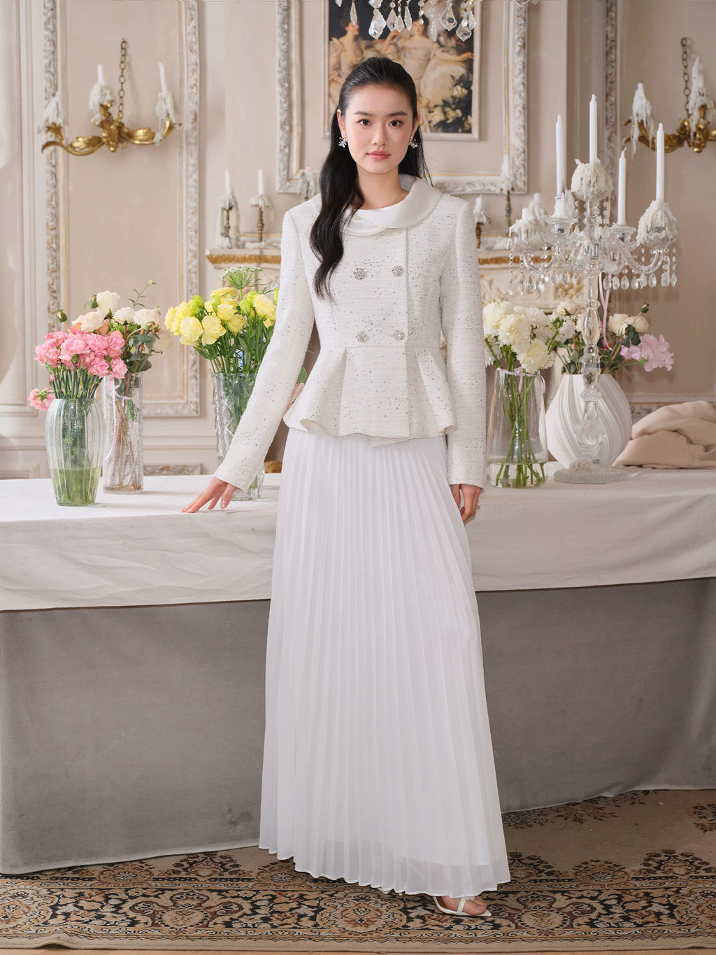 J TheChosen Waist Satin Stand-up Collar Pleated Skirt Set