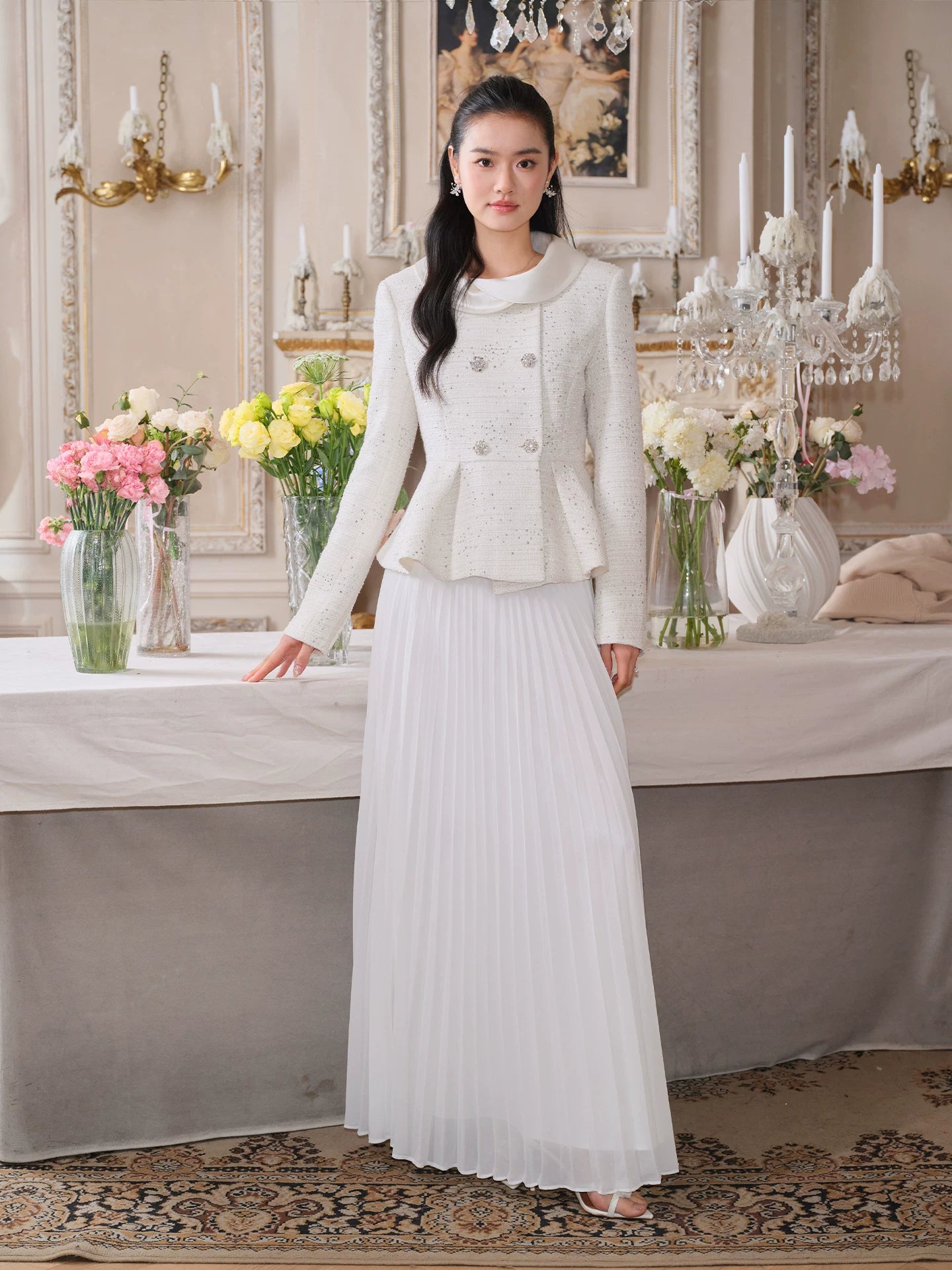 J TheChosen Waist Satin Stand-up Collar Pleated Skirt Set