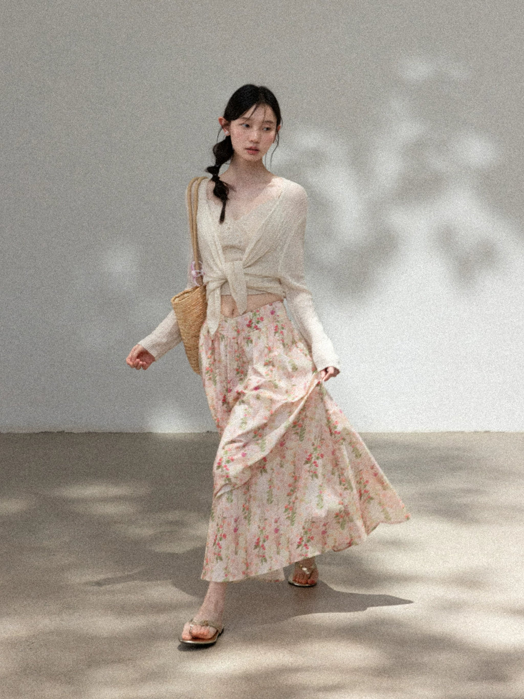 Cantonstory Floral High Waist Slim Skirt Knitted Cardigan Set