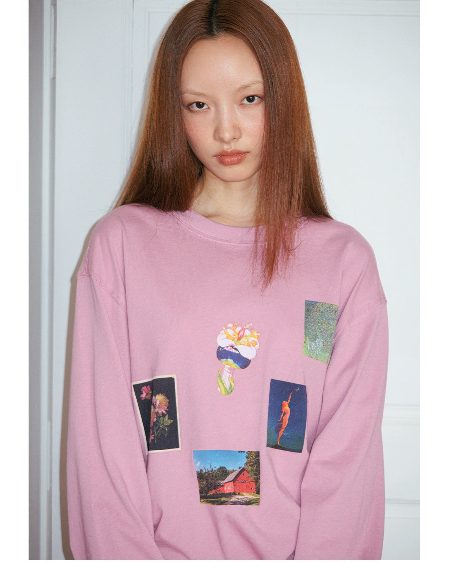 FUNKYFUN Plant Flower Collage Print Loose Long Sleeve