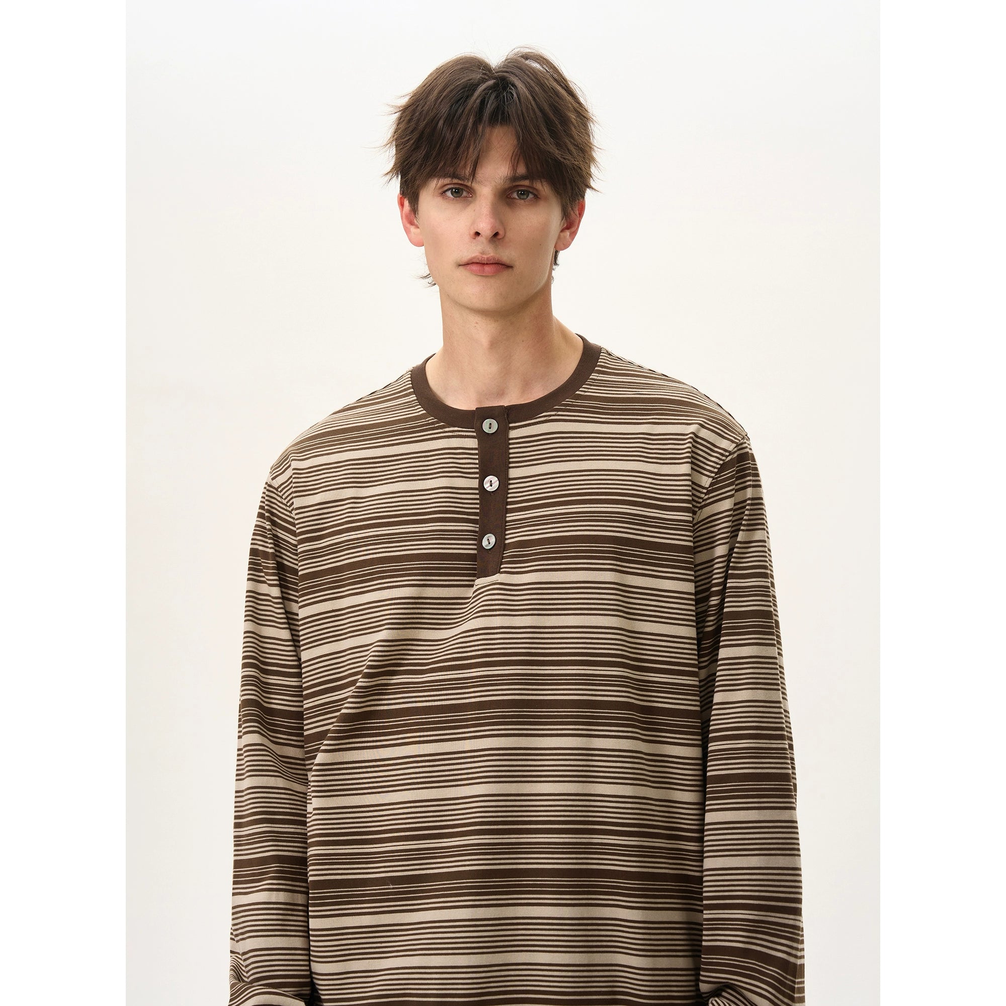BTSG Premium Henry Neck Striped Long Sleeve Tee
