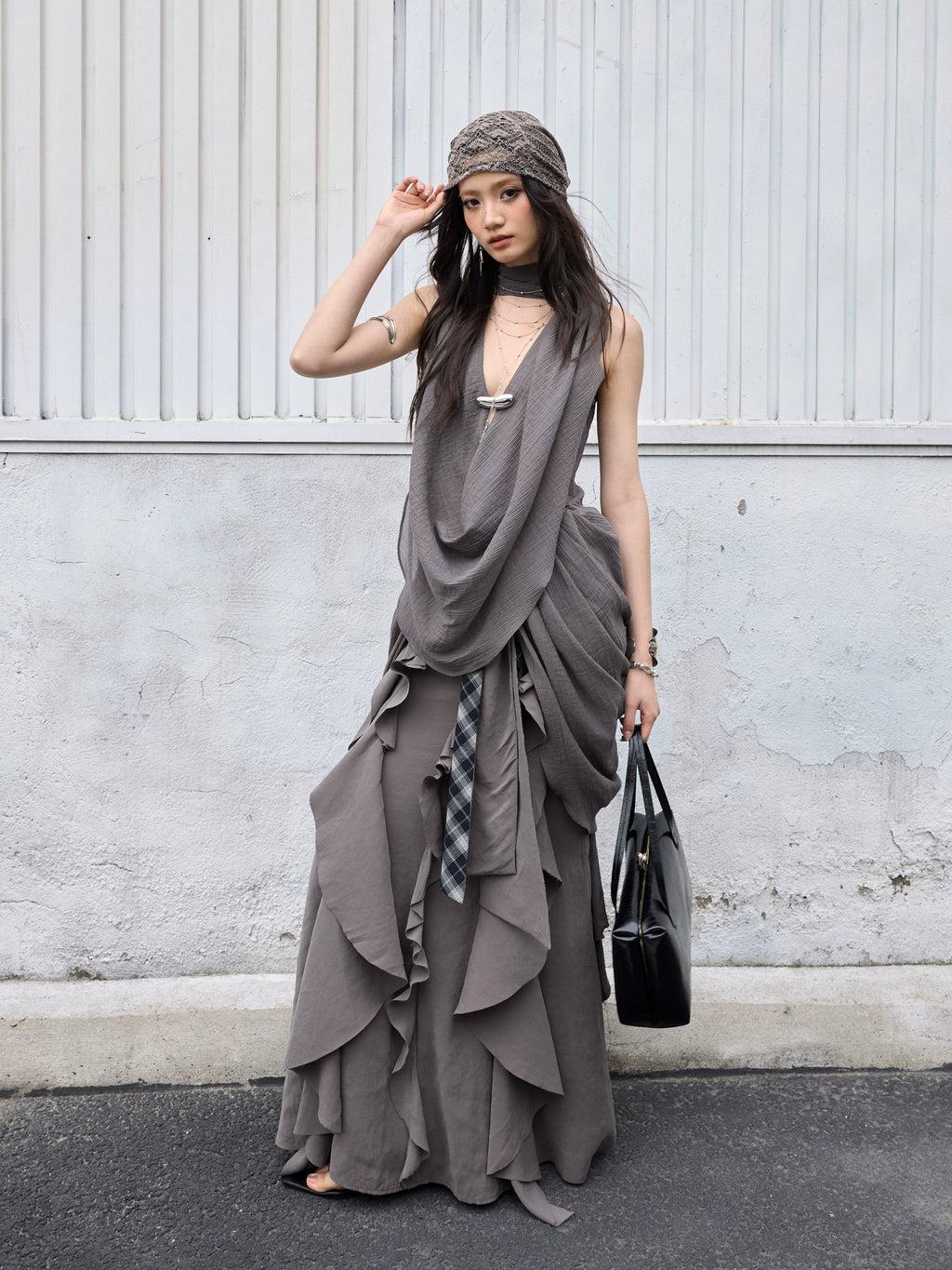 JNYLON Vintage Pleated Ultra Low Swinging Neck Lace-Up Vest