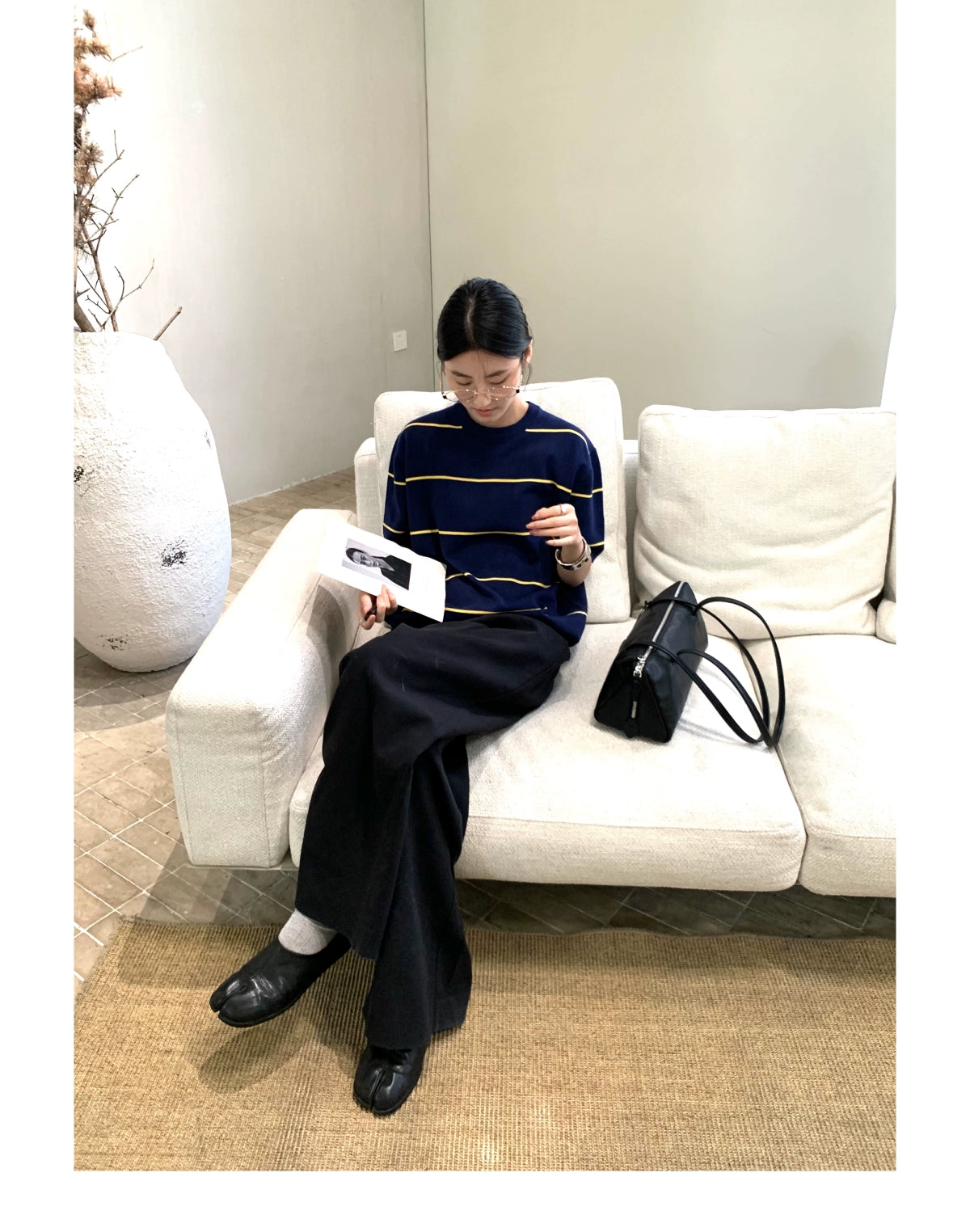 SUPERTOFU Striped Threaded Bottom Straight Shoulder Knitted Tee