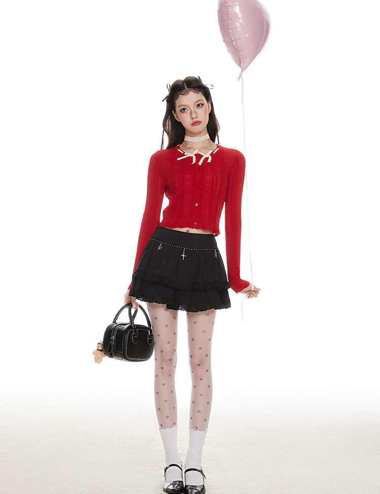 IMONE Fungus Edge Bow Crew Neck Short Knitted Shirt