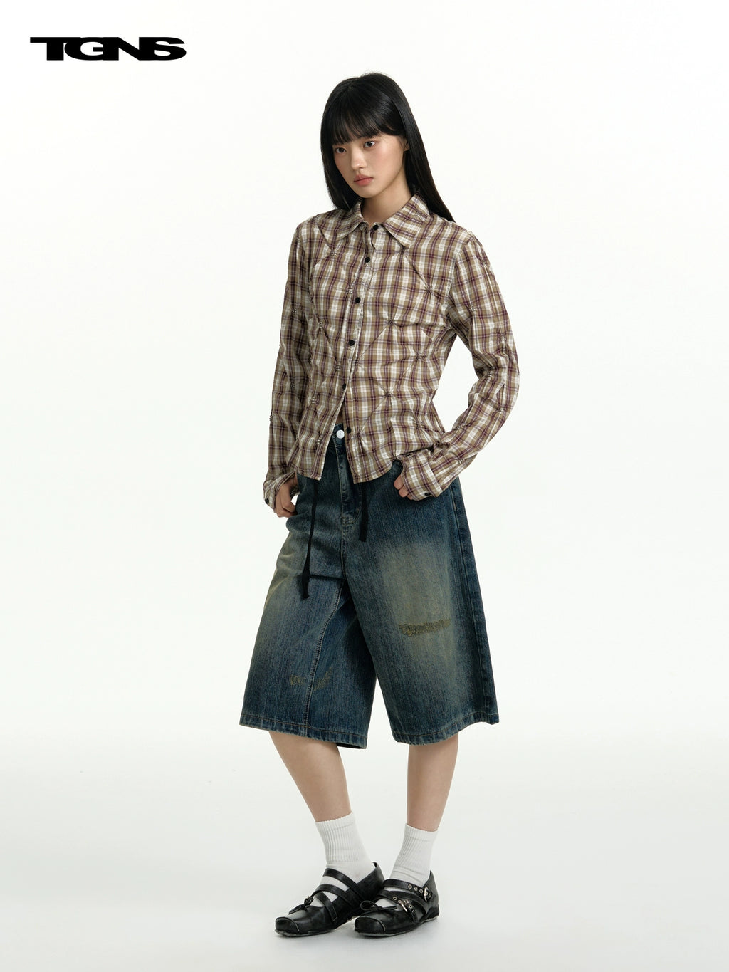 TGNS Rhombus Plaid Long-sleeved Shirt