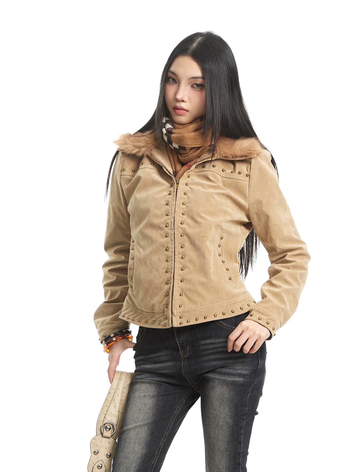 UNCMHISEX Suede Fleece Rivet Plush Lapel Padded Jacket